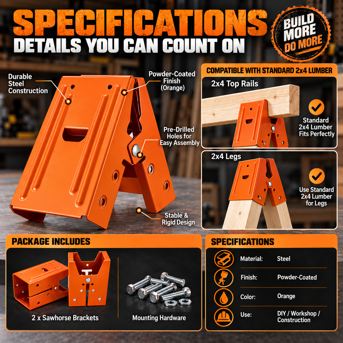 Heavy-Duty Sawhorse Brackets 2-Pack – Turn 2x4 Lumber Into Strong, Stable Work Supports
