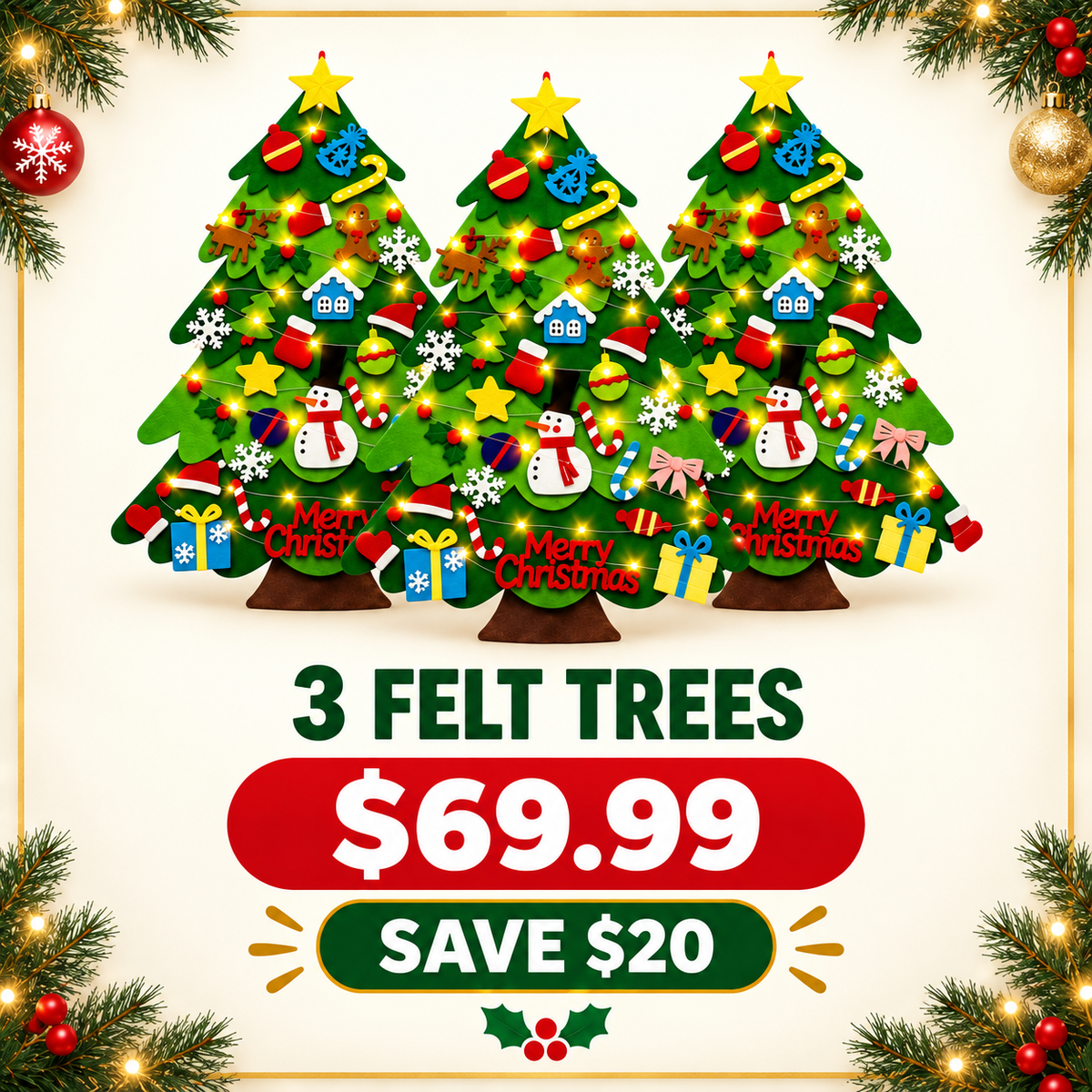 Family DIY Felt Christmas Tree with 32 Ornaments & LED Lights