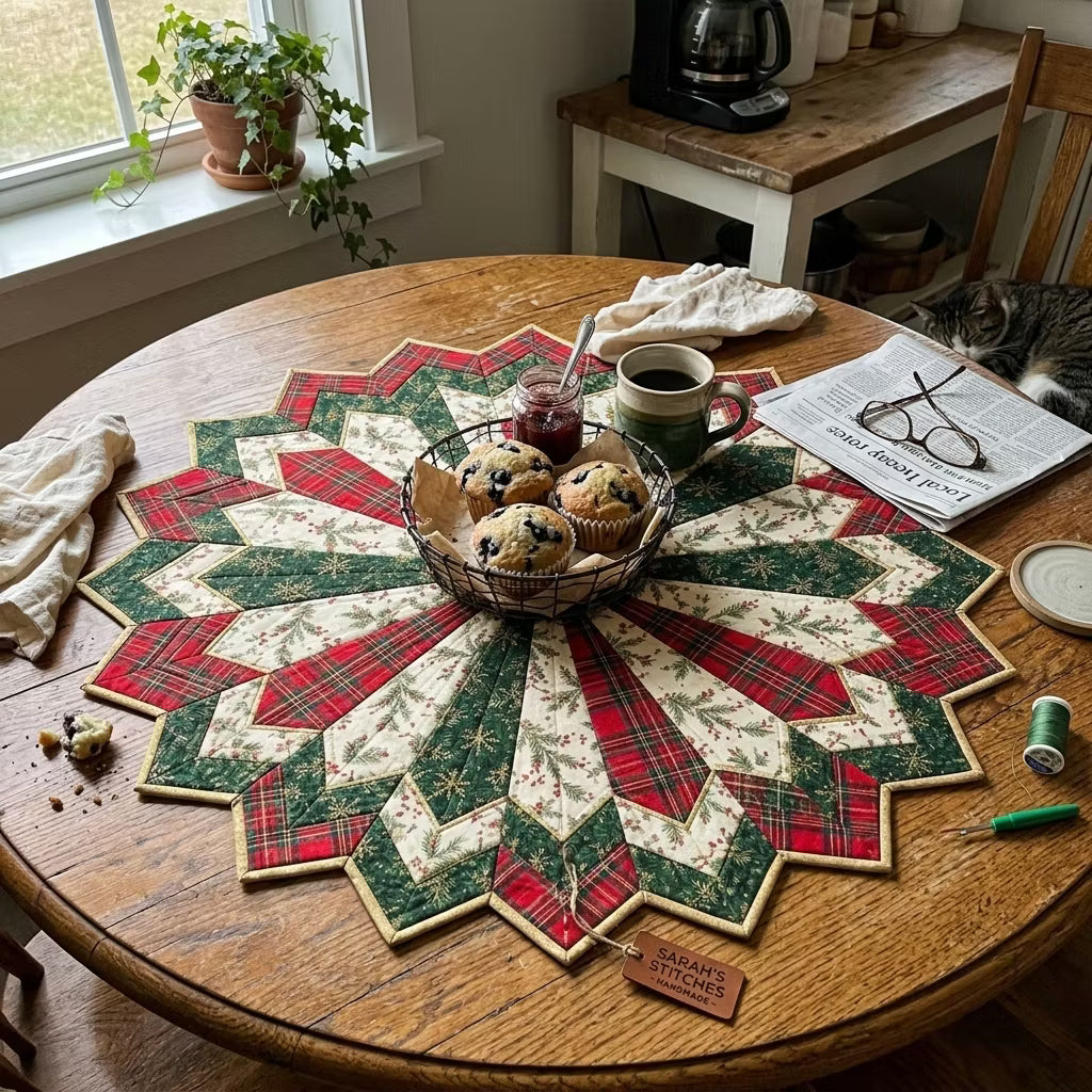 Golden Christmas Star Quilted Table Topper – Finished & Ready to Display