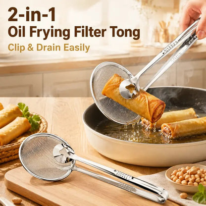 2-in-1 Stainless Steel Frying Filter Tongs – Clip, Drain & Serve Easily