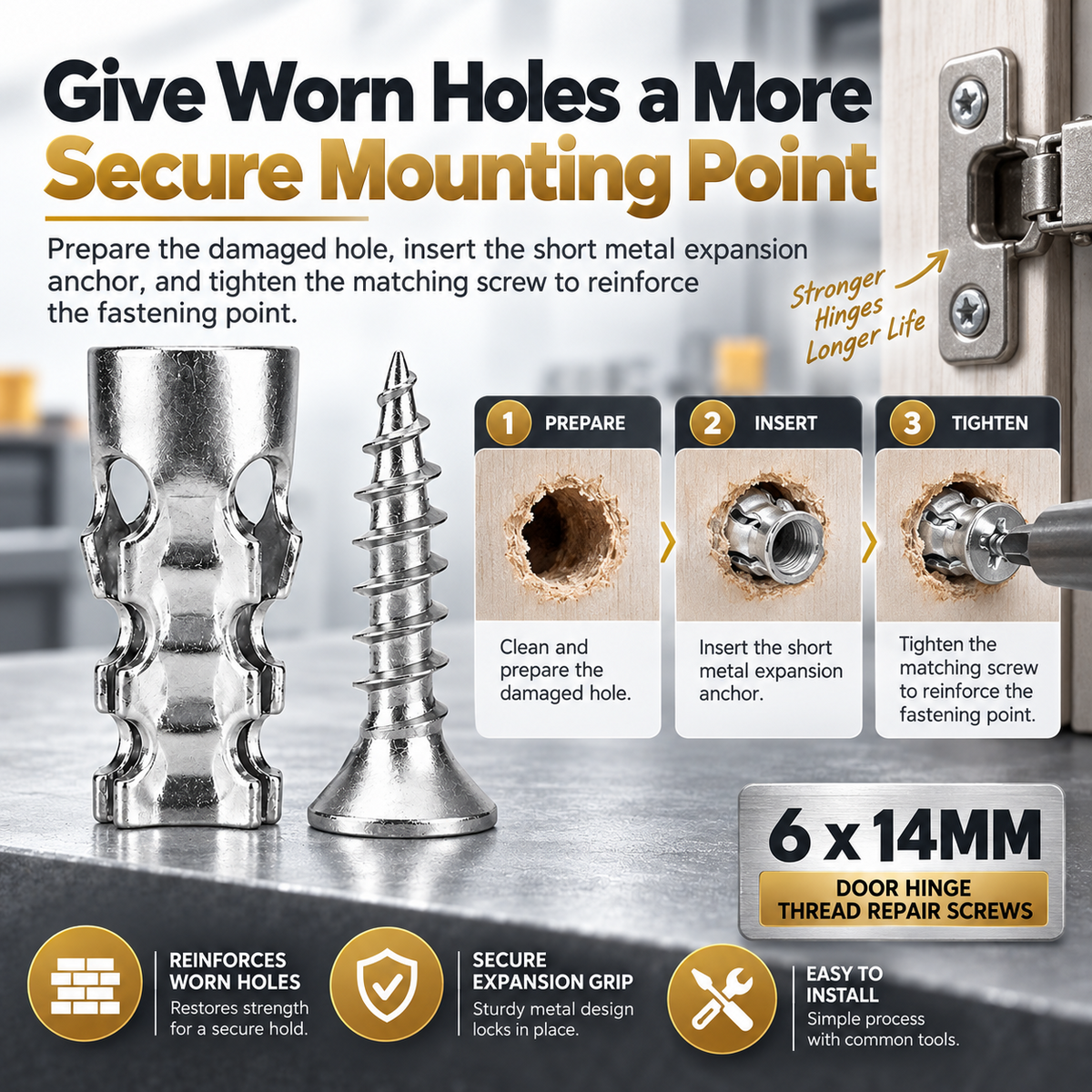 High Strength Hinge Repair Screws | 6×14mm Door Hinge Thread Repair Screws Kit