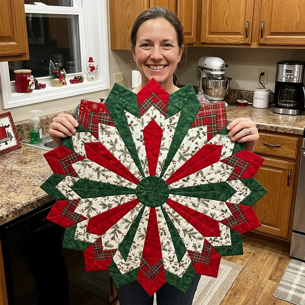 Golden Christmas Star Quilted Table Topper – Finished & Ready to Display