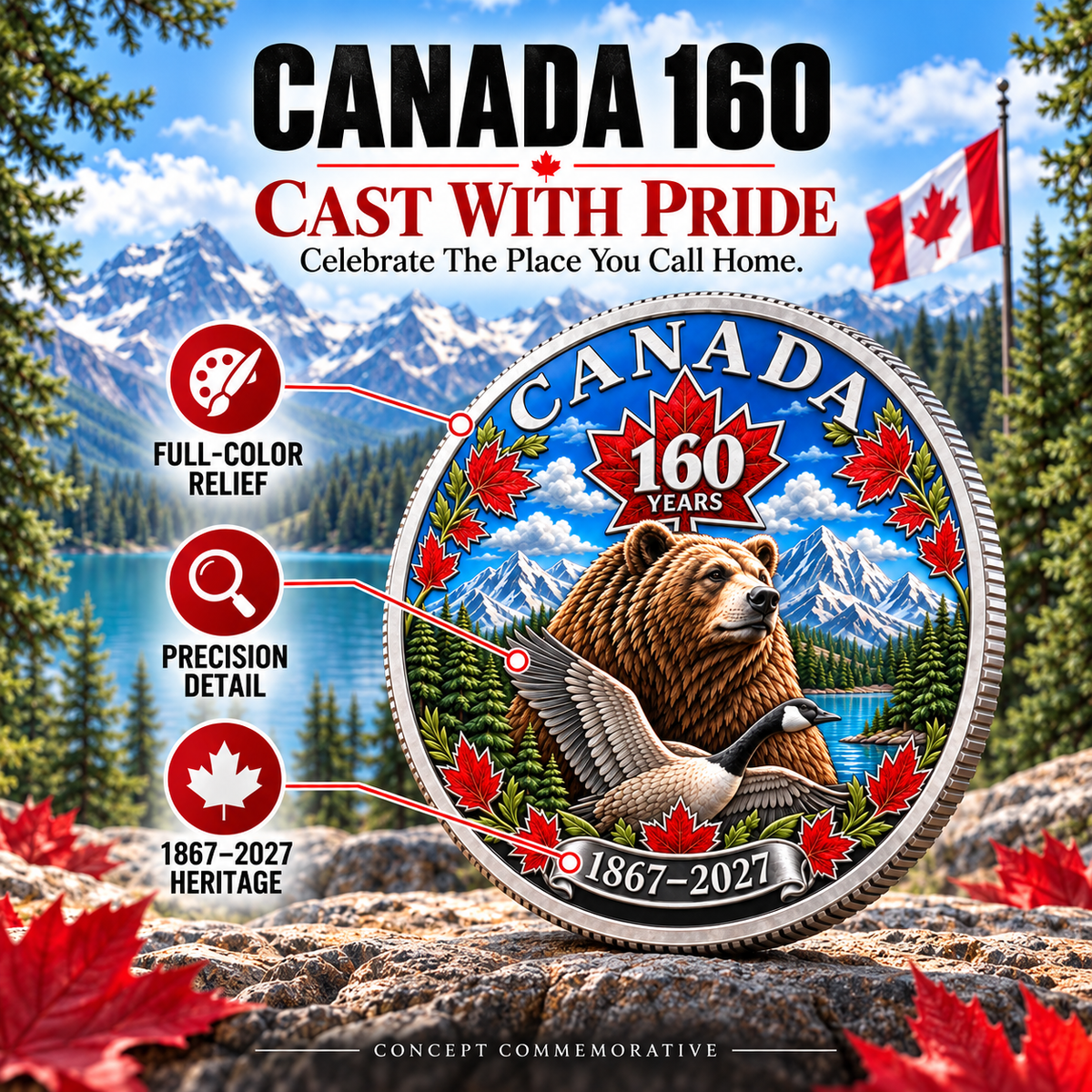 🍁 Canada 160th Anniversary Heritage Coin | Two-Sided 3D Wildlife Design