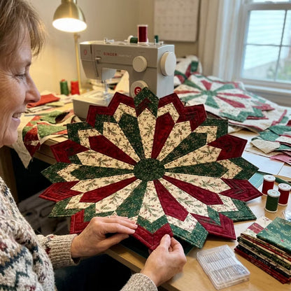 Golden Christmas Star Quilted Table Topper – Finished & Ready to Display