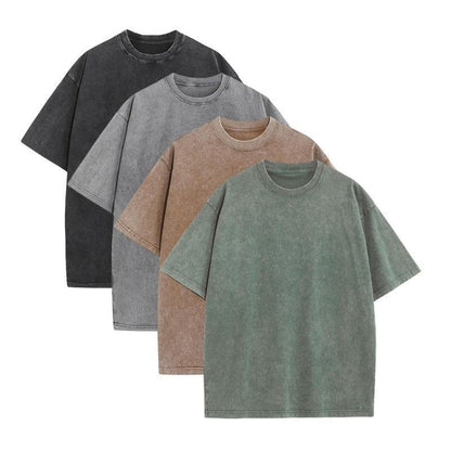 Distressed Washed Cotton 4-Pack Tees Breathable Sports Couples Plain Short Sleeve Black Cream