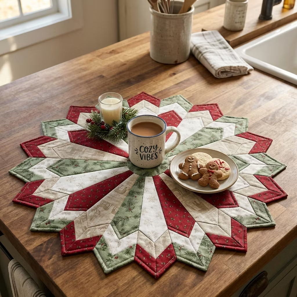 Golden Christmas Star Quilted Table Topper – Finished & Ready to Display