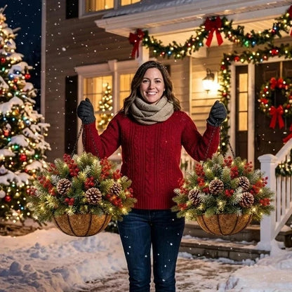 🎄Christmas Hot Sale🔥 Pre-Lit Christmas Hanging Basket | Warm LED Evergreen Décor for Porches, Doors & Entryways ✨