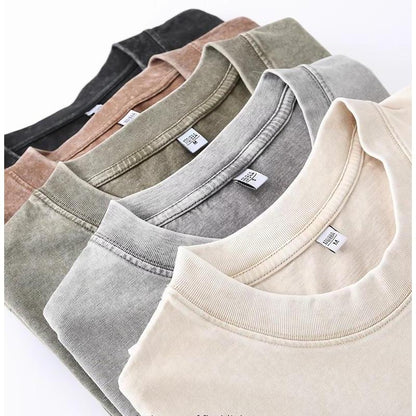 Distressed Washed Cotton 4-Pack Tees Breathable Sports Couples Plain Short Sleeve Black Cream