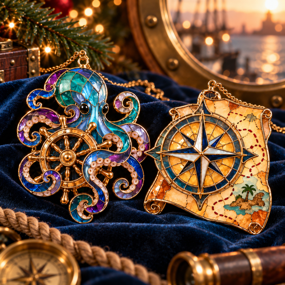 Pirate Adventures – Vintage Stained Glass-Style Christmas Ornaments, Set of 6