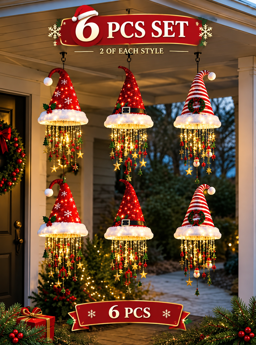 🎅 Lighted Santa Hat Hanging Chandelier 🎄 | 3 Styles Warm LED Christmas String Light | Indoor Outdoor Porch Holiday Decor Gift