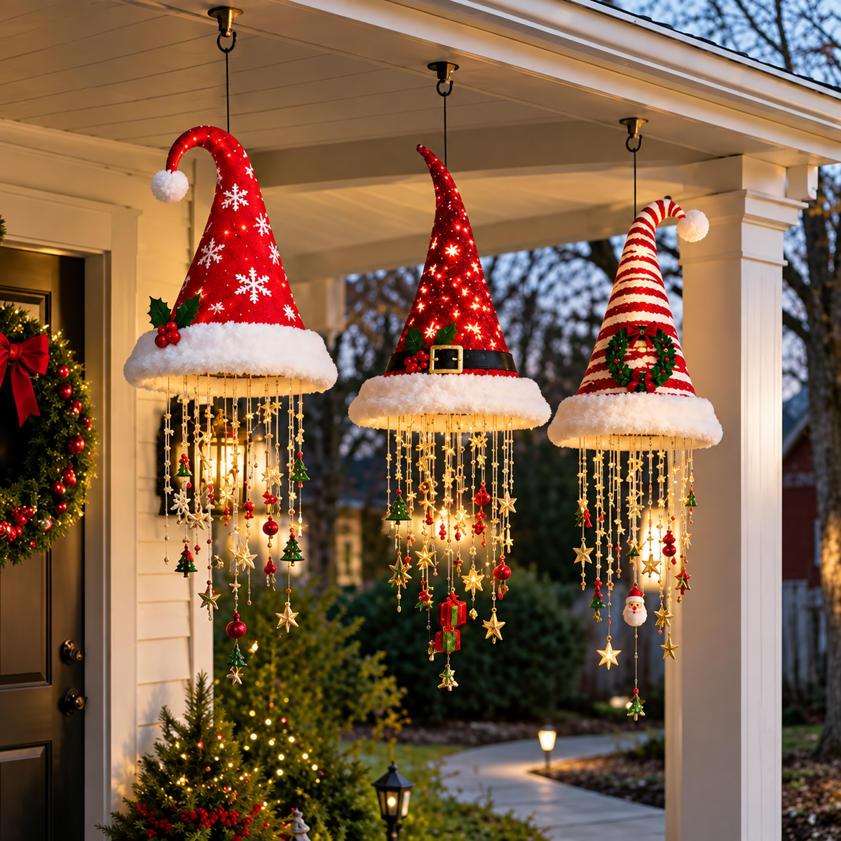 🎅 Lighted Santa Hat Hanging Chandelier 🎄 | 3 Styles Warm LED Christmas String Light | Indoor Outdoor Porch Holiday Decor Gift