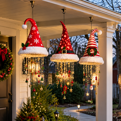 🎅 Lighted Santa Hat Hanging Chandelier 🎄 | 3 Styles Warm LED Christmas String Light | Indoor Outdoor Porch Holiday Decor Gift