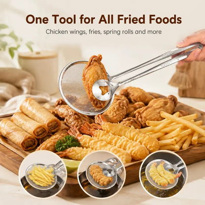 2-in-1 Stainless Steel Frying Filter Tongs – Clip, Drain & Serve Easily