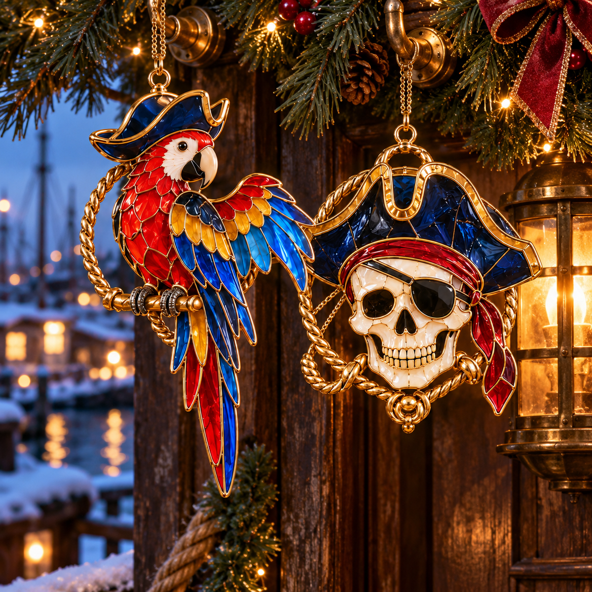 Pirate Adventures – Vintage Stained Glass-Style Christmas Ornaments, Set of 6