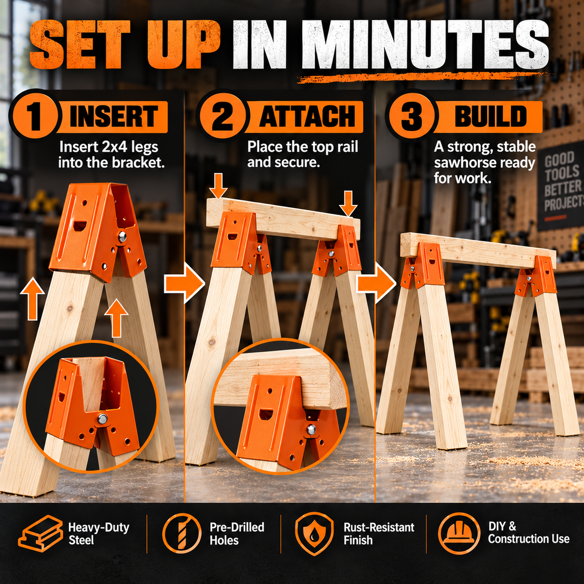 Heavy-Duty Sawhorse Brackets 2-Pack – Turn 2x4 Lumber Into Strong, Stable Work Supports
