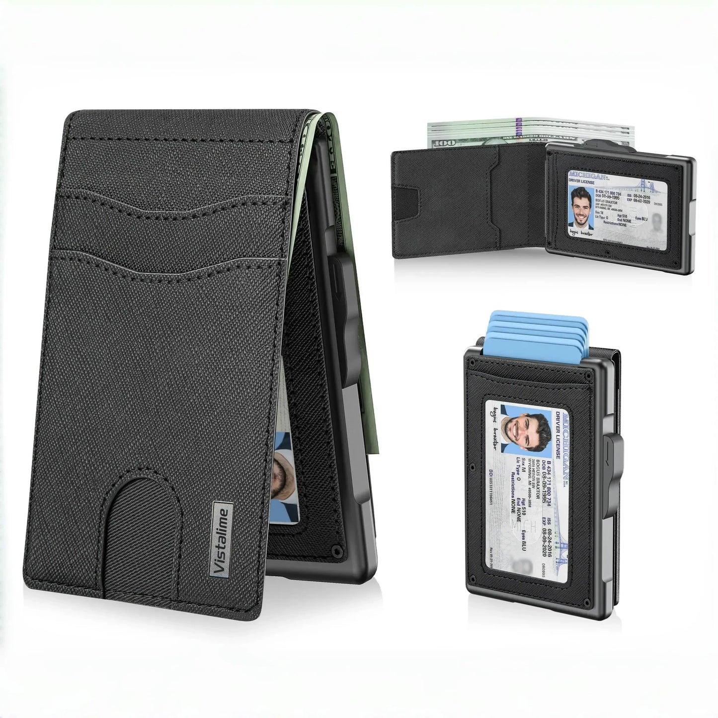 Men’s Minimalist Pop-Up Wallet, RFID Blocking Aluminum Slim Bifold.