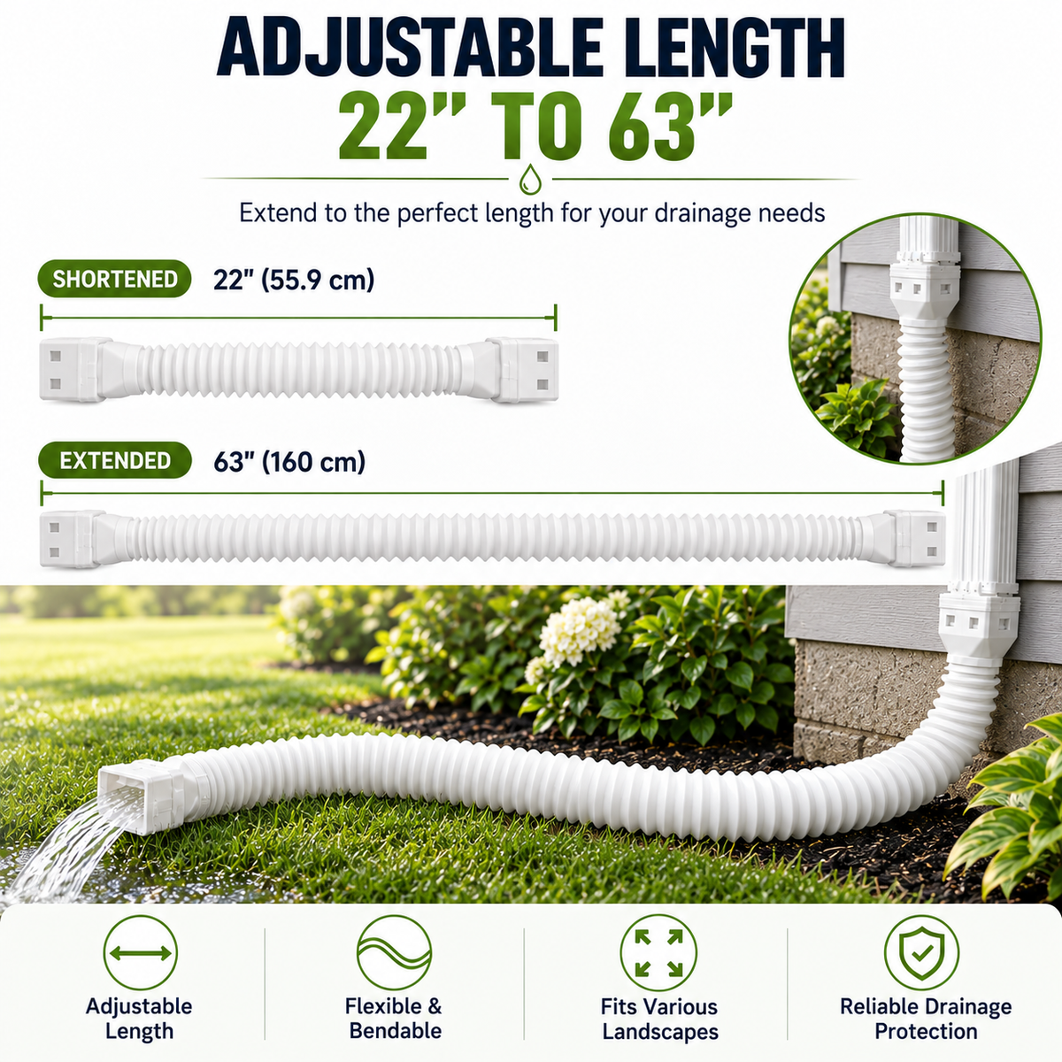 Flexible Rain Gutter Downspout Extension Kit  – Adjustable 22"-63" Drain Pipe with Leaf Filter for Foundation Protection