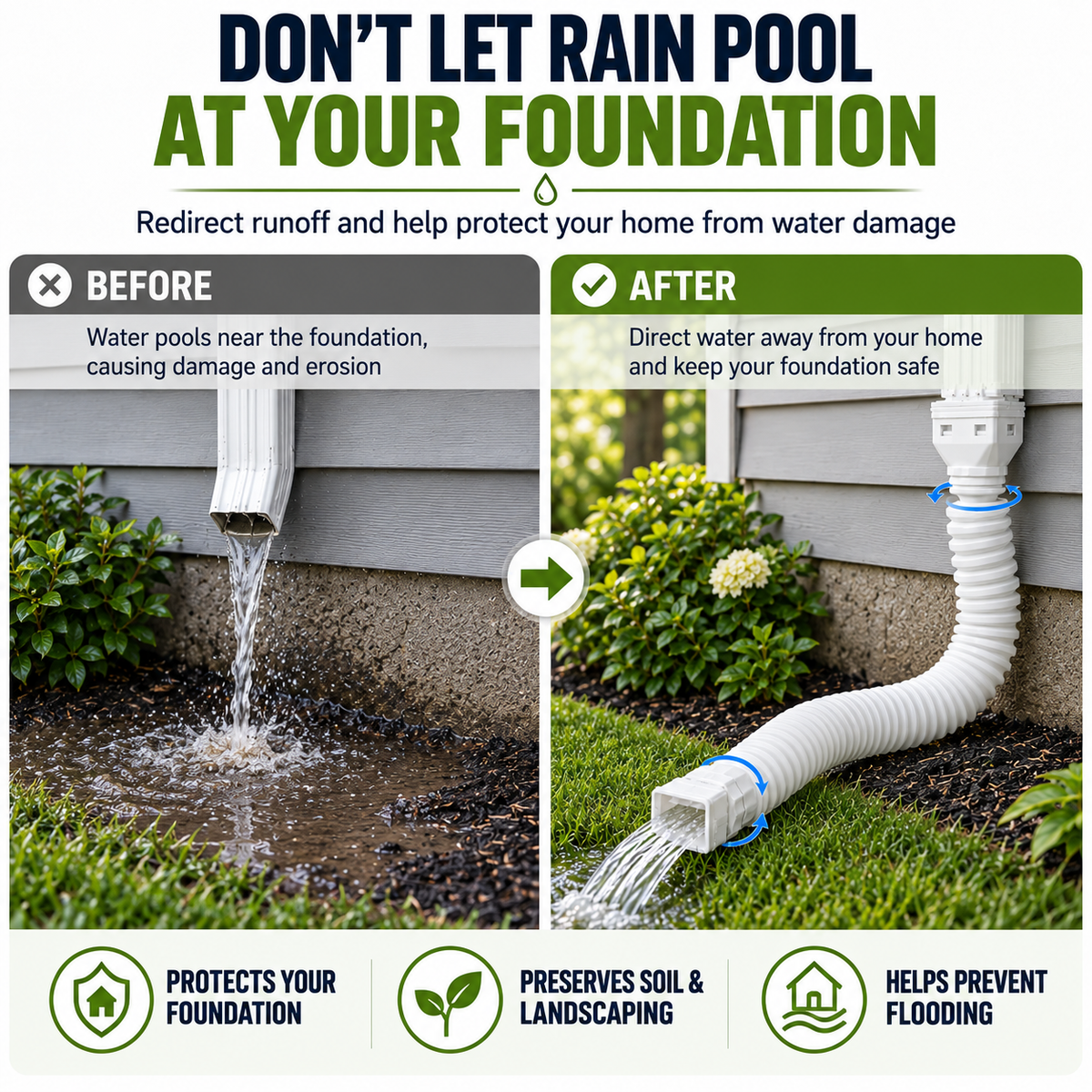 Flexible Rain Gutter Downspout Extension Kit  – Adjustable 22"-63" Drain Pipe with Leaf Filter for Foundation Protection