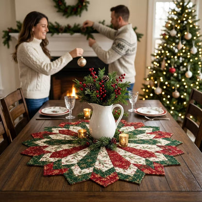 Golden Christmas Star Quilted Table Topper – Finished & Ready to Display