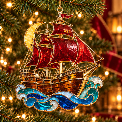 Pirate Adventures – Vintage Stained Glass-Style Christmas Ornaments, Set of 6
