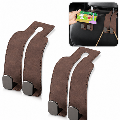 Leather Car Seat Headrest Hooks – Double Metal Purse & Bag Hangers