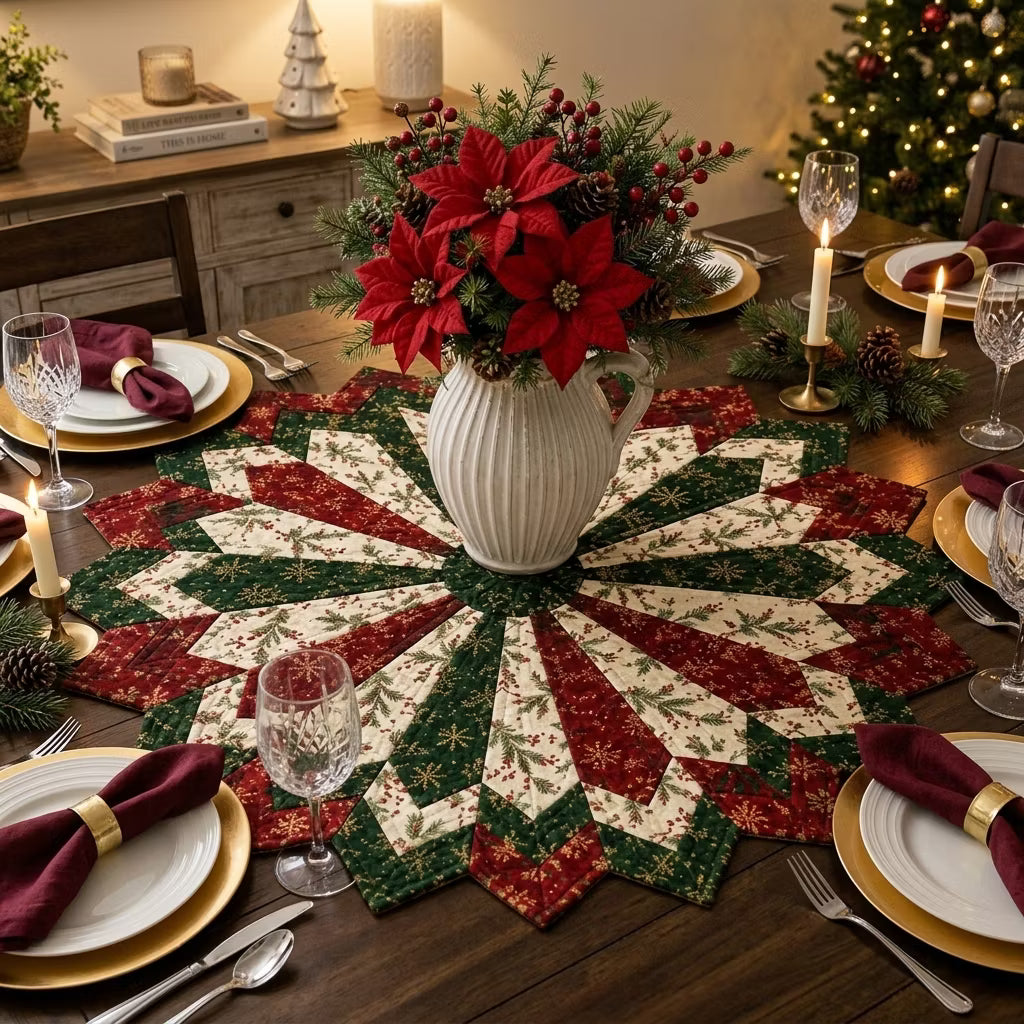 Golden Christmas Star Quilted Table Topper – Finished & Ready to Display