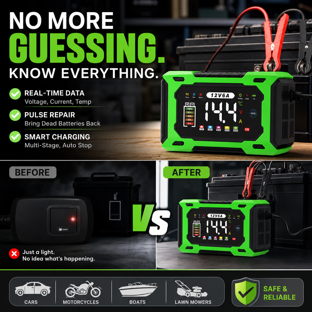 ⏳⏳Time-Limited Special⏰12V 6A Smart Car Battery Charger – Pulse Repair Technology, Auto Maintain & Desulfation