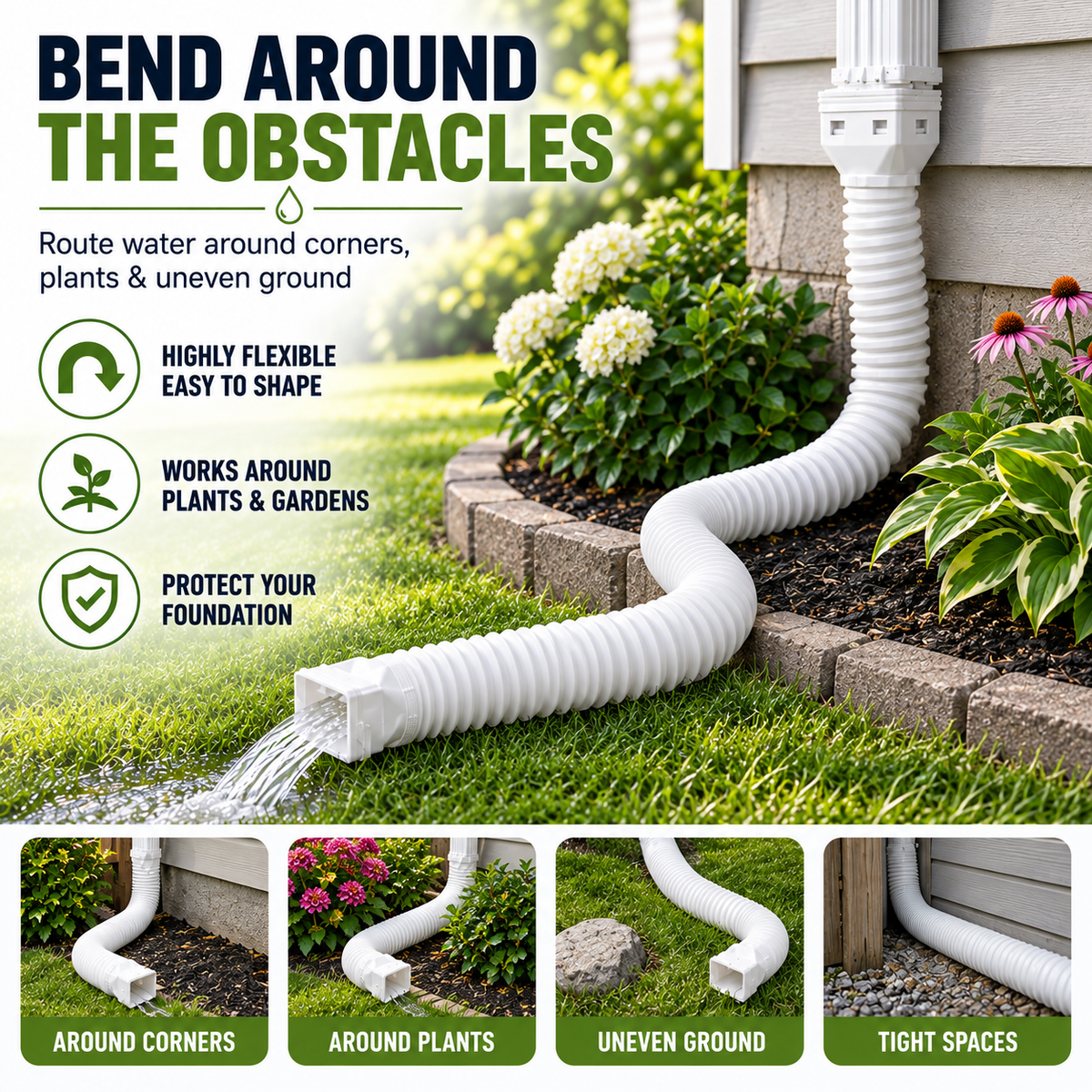 Flexible Rain Gutter Downspout Extension Kit  – Adjustable 22"-63" Drain Pipe with Leaf Filter for Foundation Protection