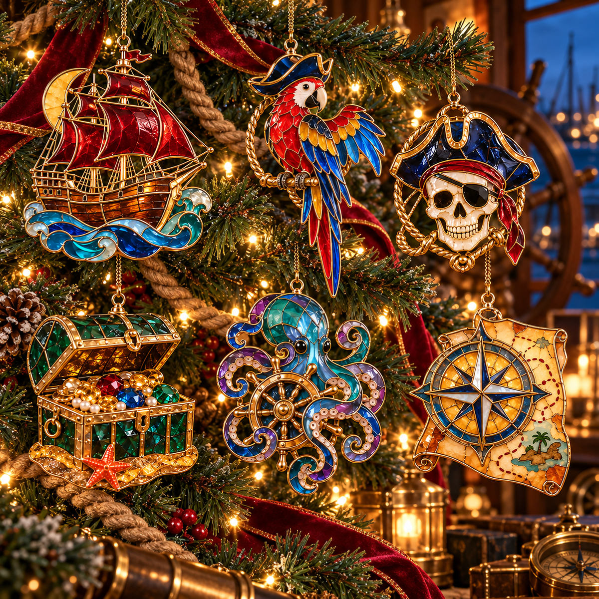 Pirate Adventures – Vintage Stained Glass-Style Christmas Ornaments, Set of 6