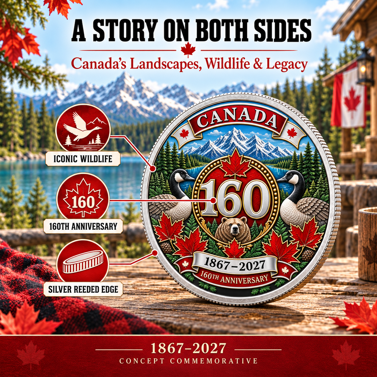 🍁 Canada 160th Anniversary Heritage Coin | Two-Sided 3D Wildlife Design