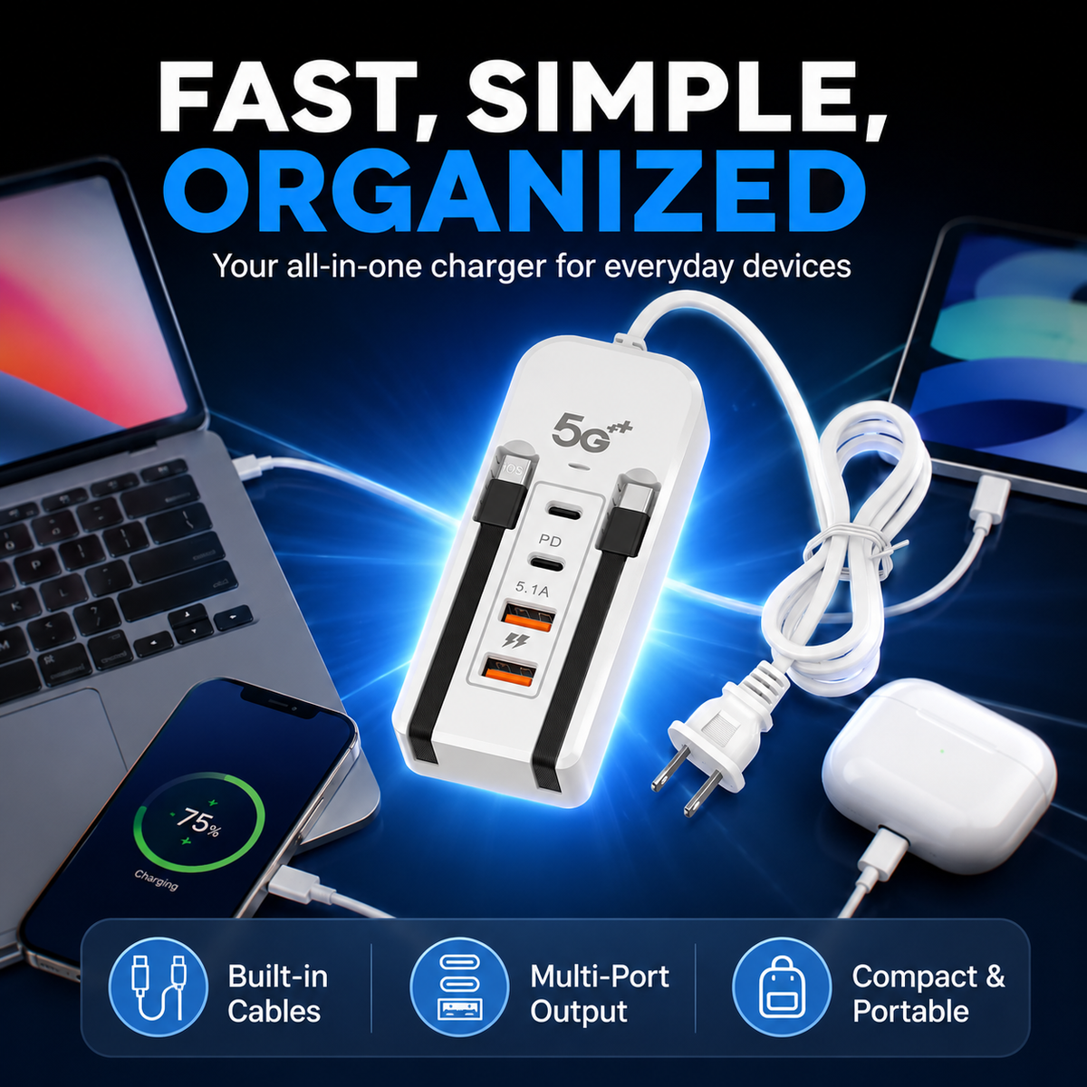 Charge 6 Devices Instantly! No-Clutter 66W Desktop Power Hub